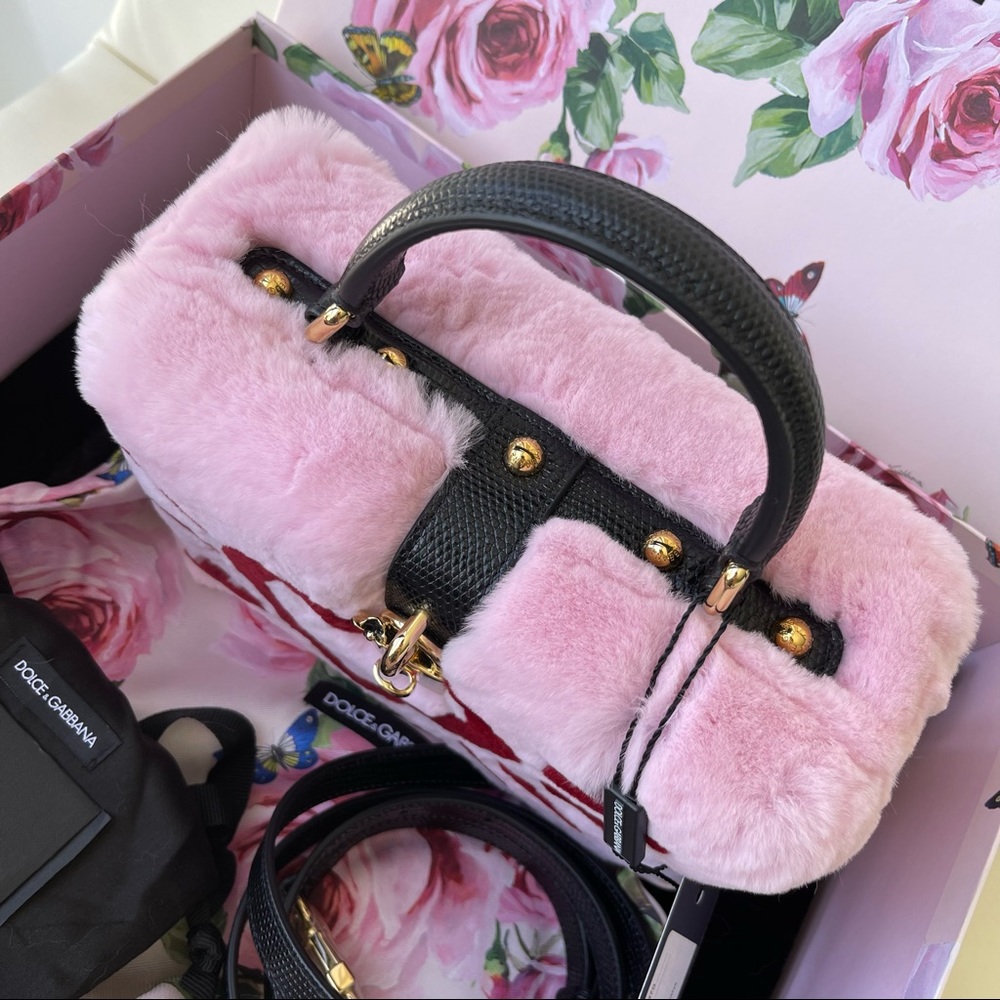 NEW Pink Leather Brand Logo Handbag Rabbit Fur Padlock Lizard - Picture 2 of 9